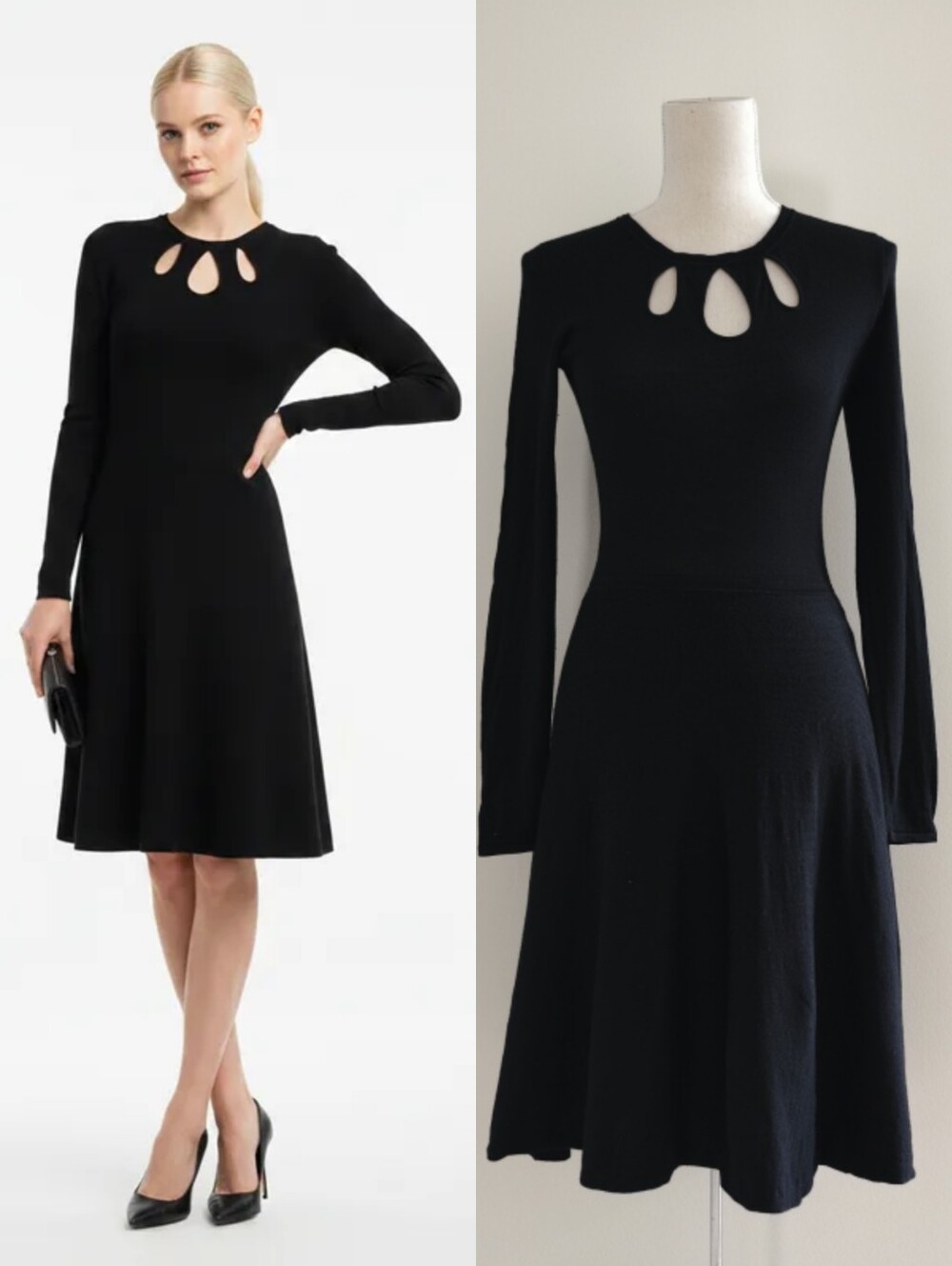 Like New Hugo Boss Wool Long-Sleeve Cutout Fit & Flare Dress In Black
